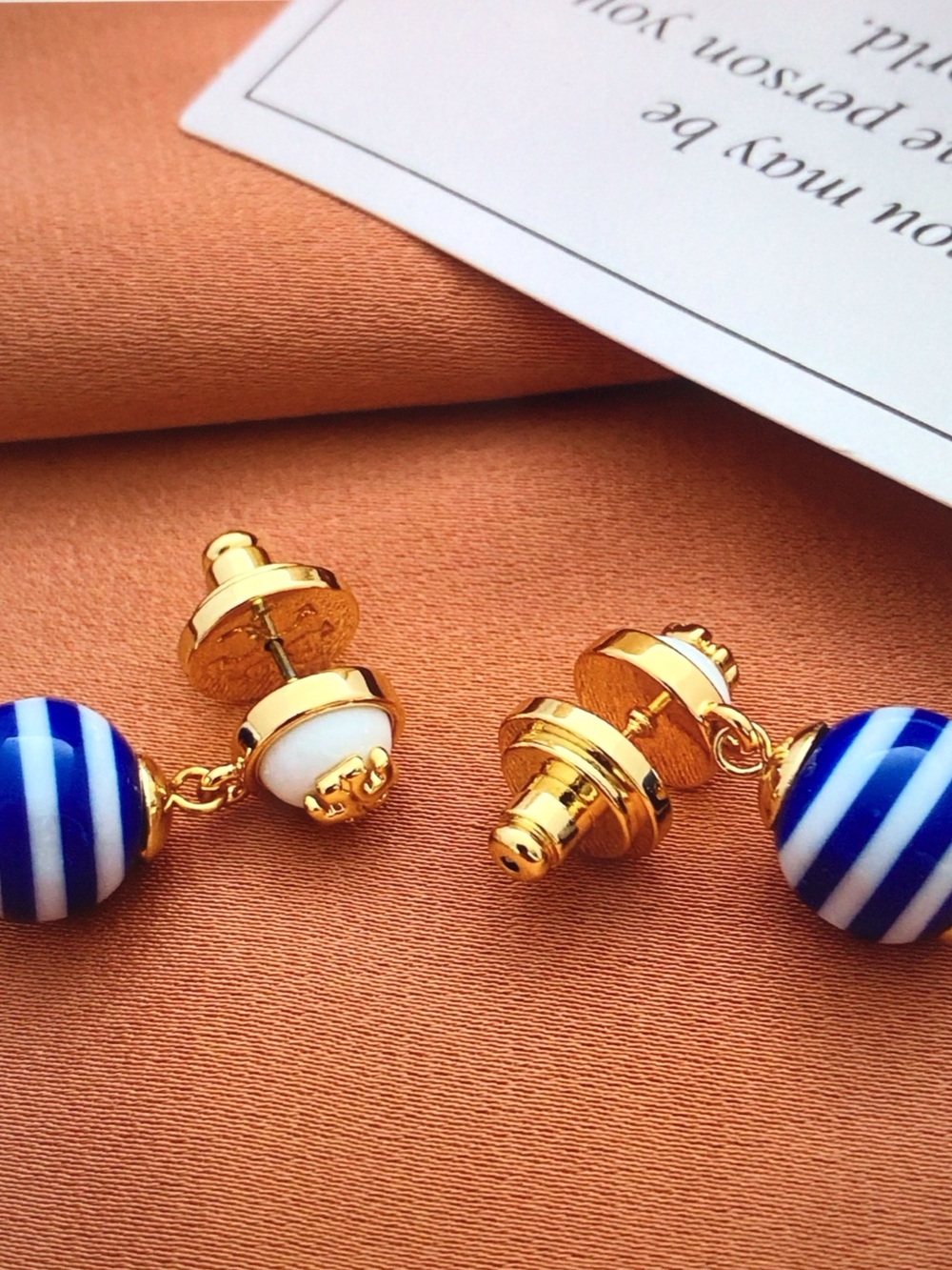 Tory Burch Blue & White Striped Drop Earrings with Gold Accents - Picture 2 of 5